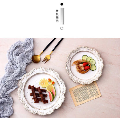 French Baroque Retro Relief Court Style Ceramic Dinner Plate European Tableware Western Food Plate Soup Plate Bowl Set.