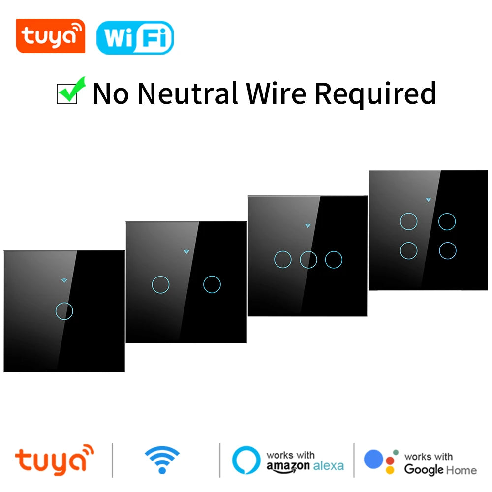 Tuya Wifi Smart Touch Licht EU Schalter Drahtlose Fernbedienung LED Licht Schalter Kein Neutralleiter Erforderlich 1-4 Gang Alexa Google Hause.
