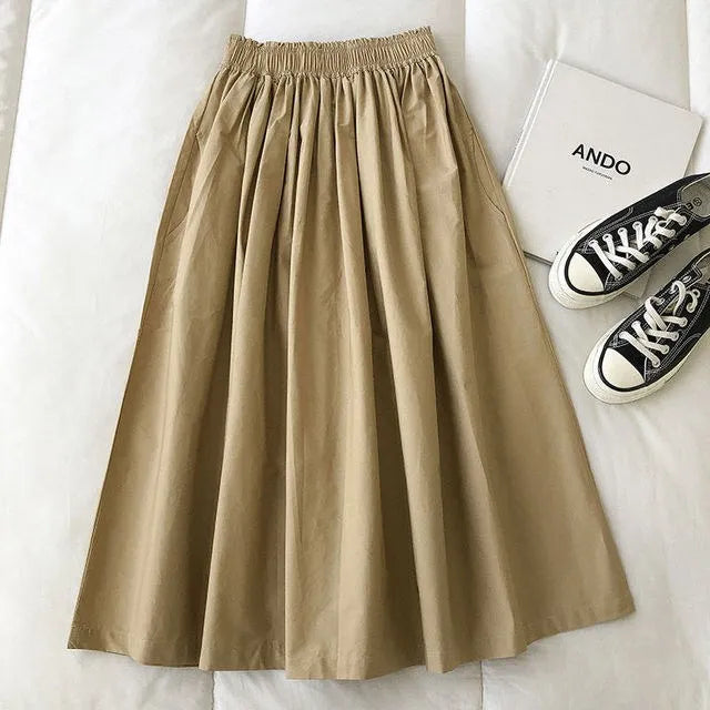 Women Black skirt midi High waist korean style Pleated a line Vintage Clothing 2025 new Summer Casual Fashion Ladies Work Wear