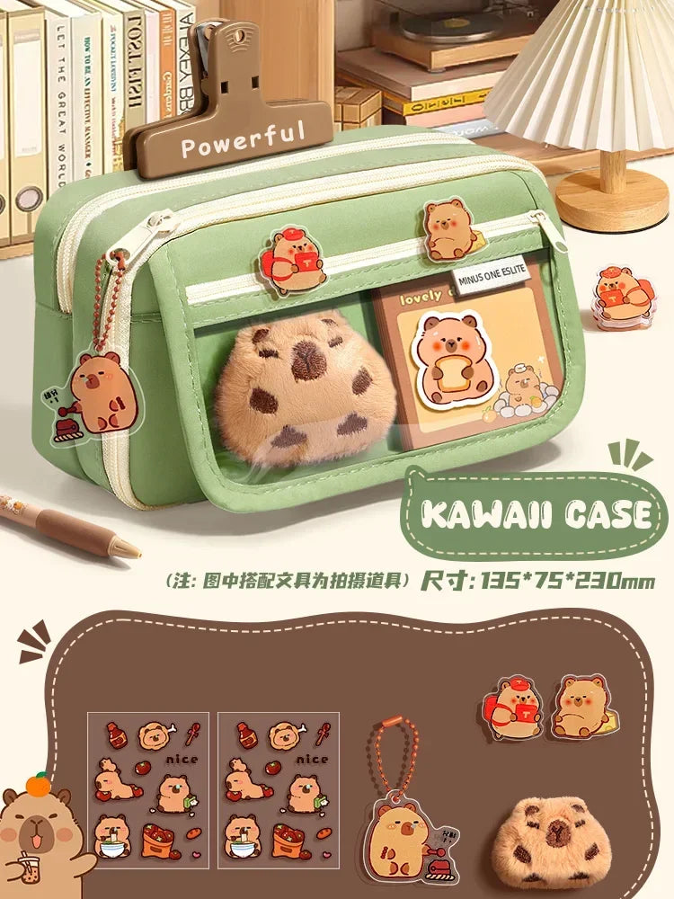 Große Kapazität Bleistift Tasche Capybara Cartoon Leinwand Schreibwaren Halter Tasche Mit Broschen Aufkleber Clips Schlüsselanhänger Kinder Stift Fall.