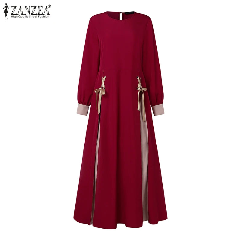 ZANZEA Mode Frauen Langarm Muslimischen Abaya Kleid Frühling Patchwork Maxi Kleider Robe Femme IsIamic Vestidos Lace Up Sommerkleid.