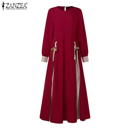 ZANZEA Mode Frauen Langarm Muslimischen Abaya Kleid Frühling Patchwork Maxi Kleider Robe Femme IsIamic Vestidos Lace Up Sommerkleid.