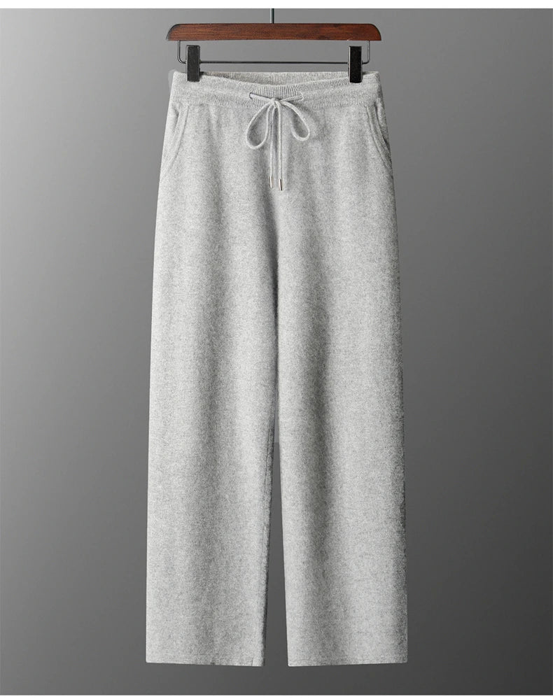 Classic Versatile 100% Cashmere Pants Men High Waist Knitted Straight Pants Solid Color Loose Thin Wide Leg Pants.