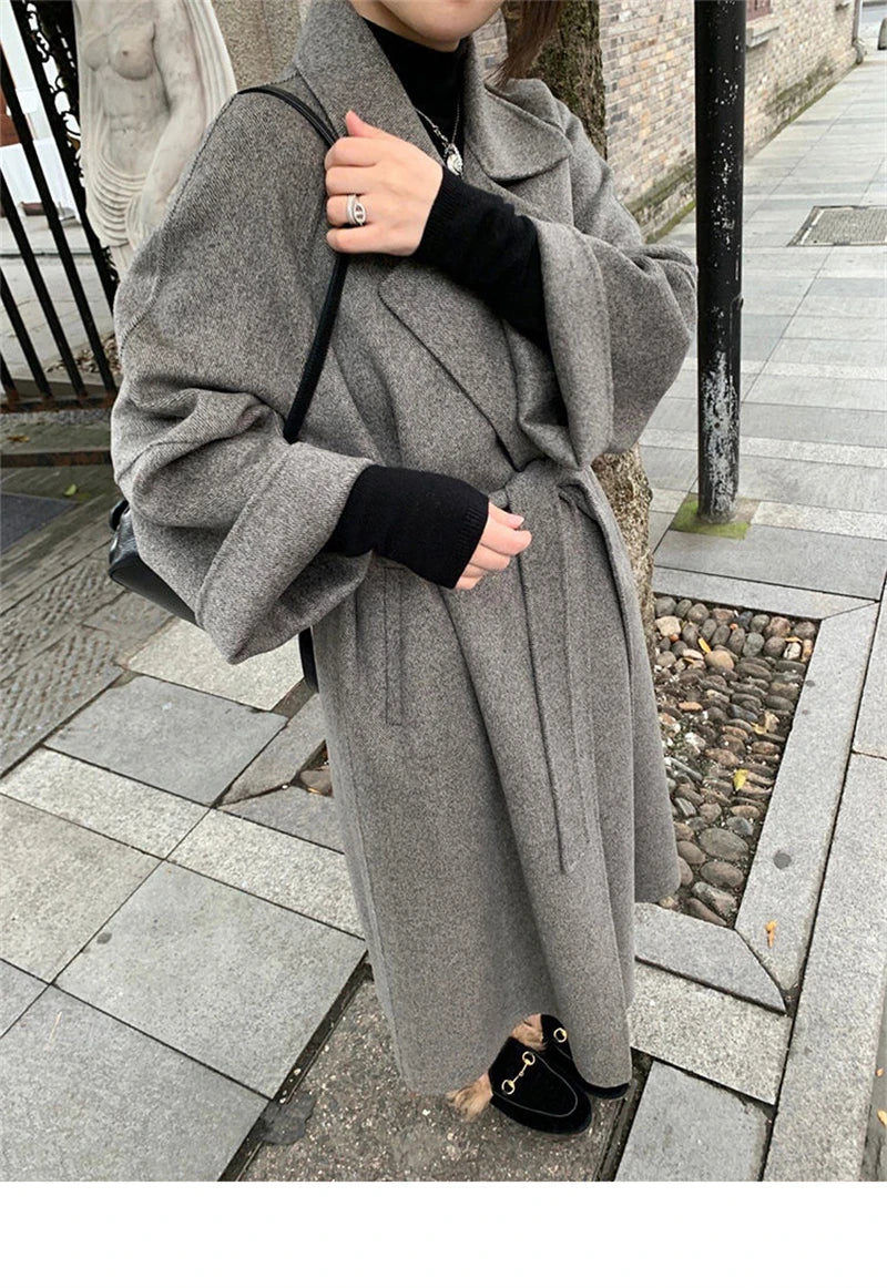 Mode Schwarz Lange Woolen Mantel Mit Gürtel Frauen Lose Revers Mantel Herbst Winter Warme Dame Oberbekleidung High Street