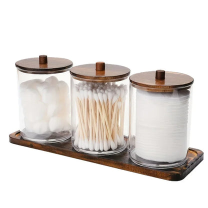 Transparent Acrylic round Wood Lid Cotton Swab Box Plastic Small Organizer Box Makeup Remover Cotton Storage Box Set.