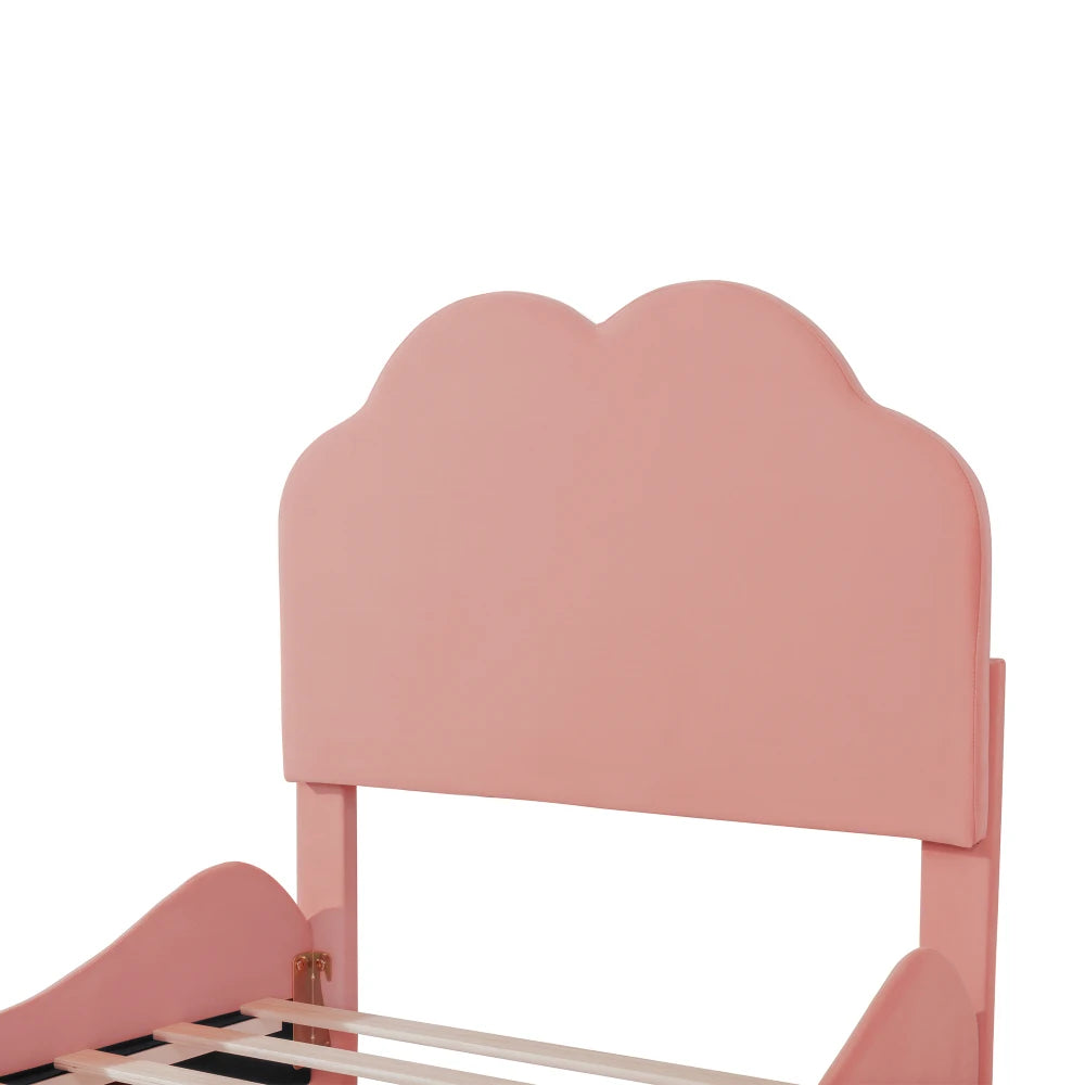 Kinderbett 90 x 200 cm hohes Geländer, Kinderbettgestell mit wolkenförmigem Kopf und Fußteil, Bett aus hautfreundlichem Samt