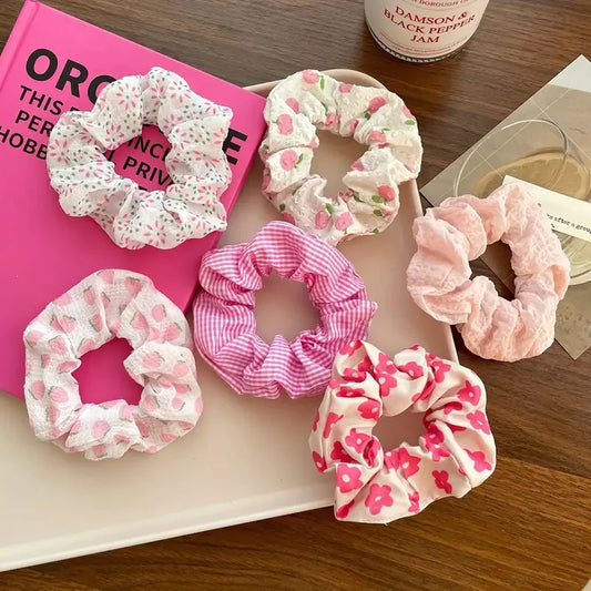 6pcs/set women's sweet pink peach blossom check large intestine hair ring,fashionable and versatile hair accessory.