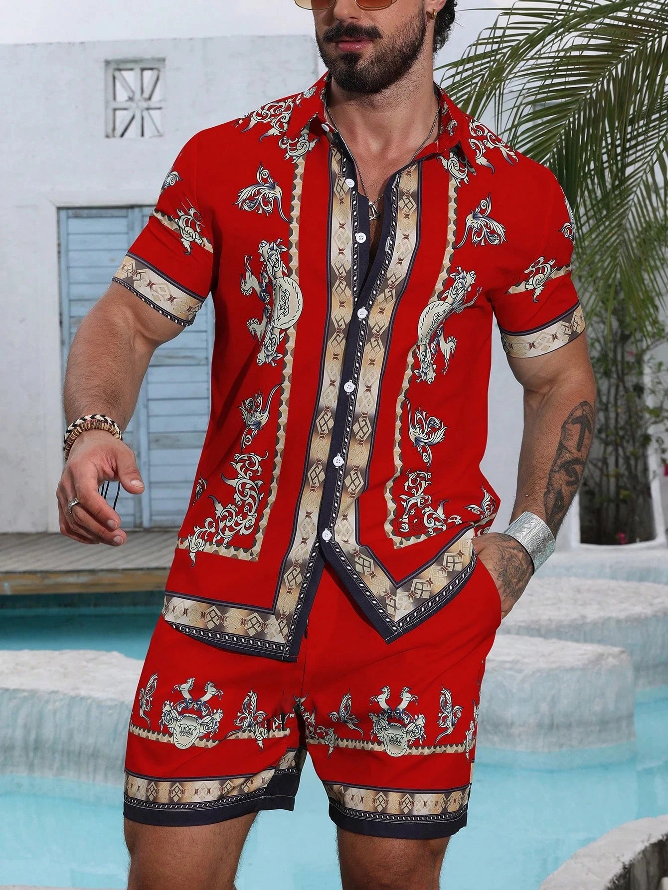 Baroque Luxury Printed Men's Shirt Shorts 2 Piece Set Summer Casual Shirt Hawaiian Beach Short-sleeved Men's Suits Clothing.