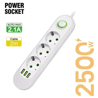 EU-Stecker, 2500 W, Steckdosenleiste mit 3 USB-Anschlüssen, Verlängerungskabel, Steckdose, Verlängerungskabel, runder Stift, AC-Steckdose, elektrischer Ladeadapter.