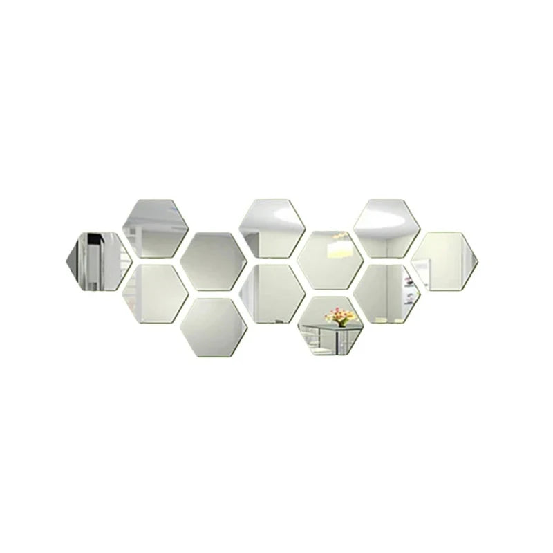 12PCS/Lot Removable Geometric Mirror Wall Stickers - Solid Hexagonal Shape, DIY with Built-in Adhesive for Home Decoration.