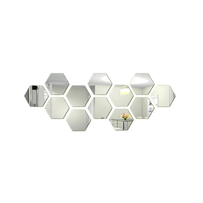 12PCS/Lot Removable Geometric Mirror Wall Stickers - Solid Hexagonal Shape, DIY with Built-in Adhesive for Home Decoration.