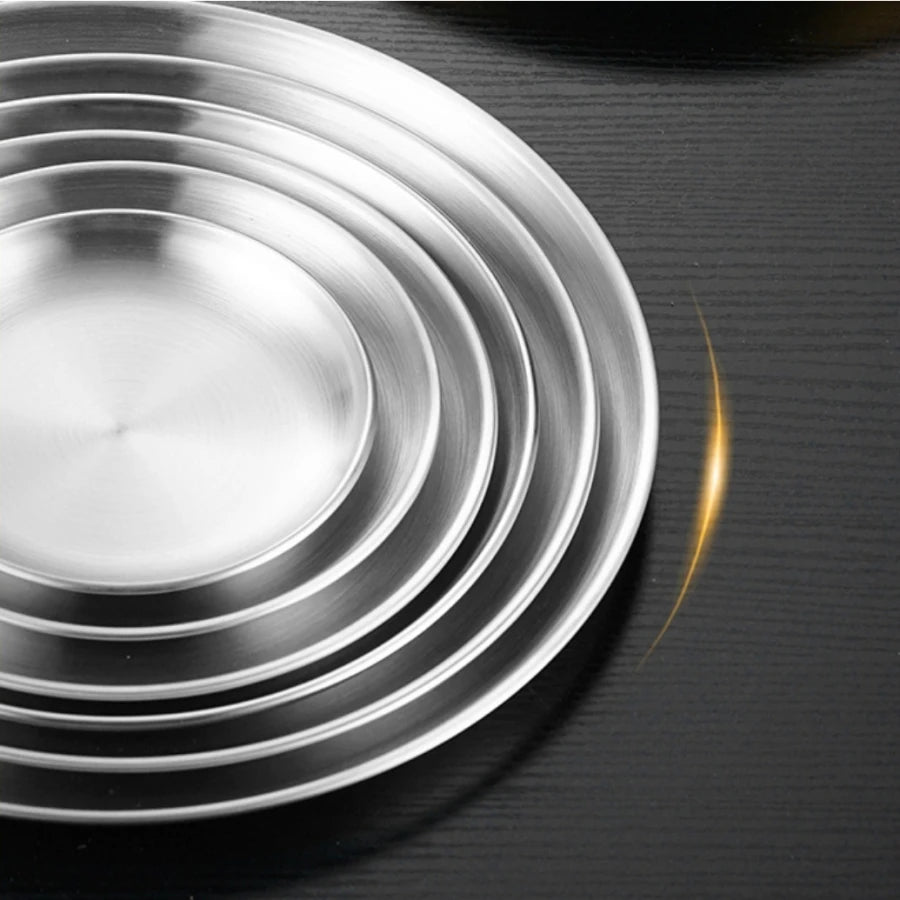 4pcs stainless steel silver plates, Korean style grilled meat plates, household circular trays, bone plates, cake plates.