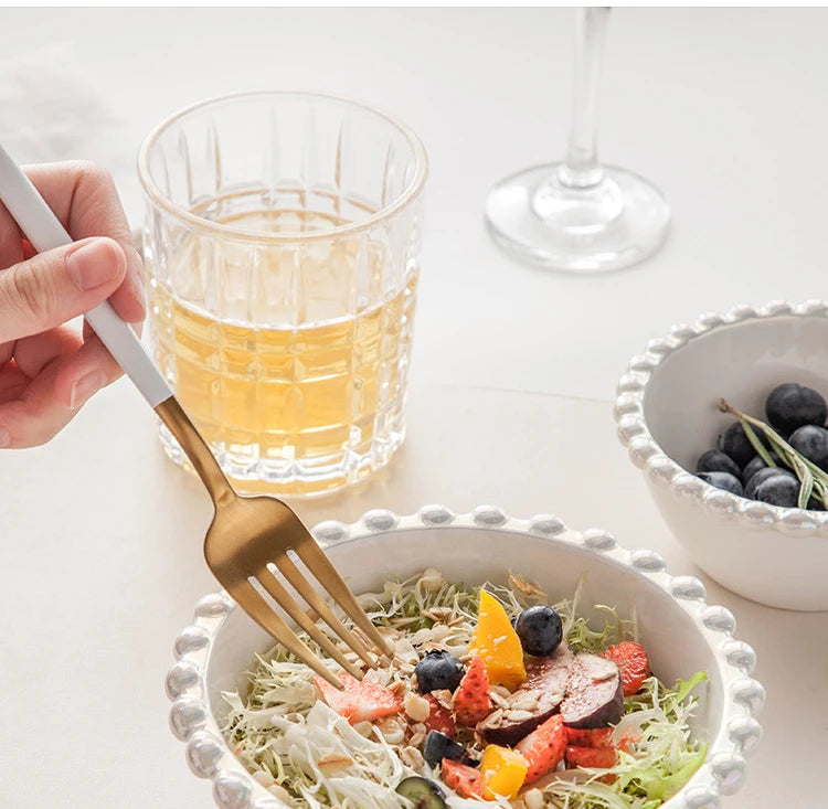 Ceramic Tableware Set Nordic Creative Pearls Beaded Edge Western Food Snack Plate Rice Bowl Soup Bowl Steak Plate Set Kitchen.