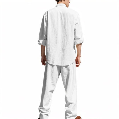 Long Sleeve Shirt Sets Mens Casual Linen 2Pcs Suit Lightweight Long Sleeve Shirt Loose Drawstring Trousers Casual Streetwear Set.