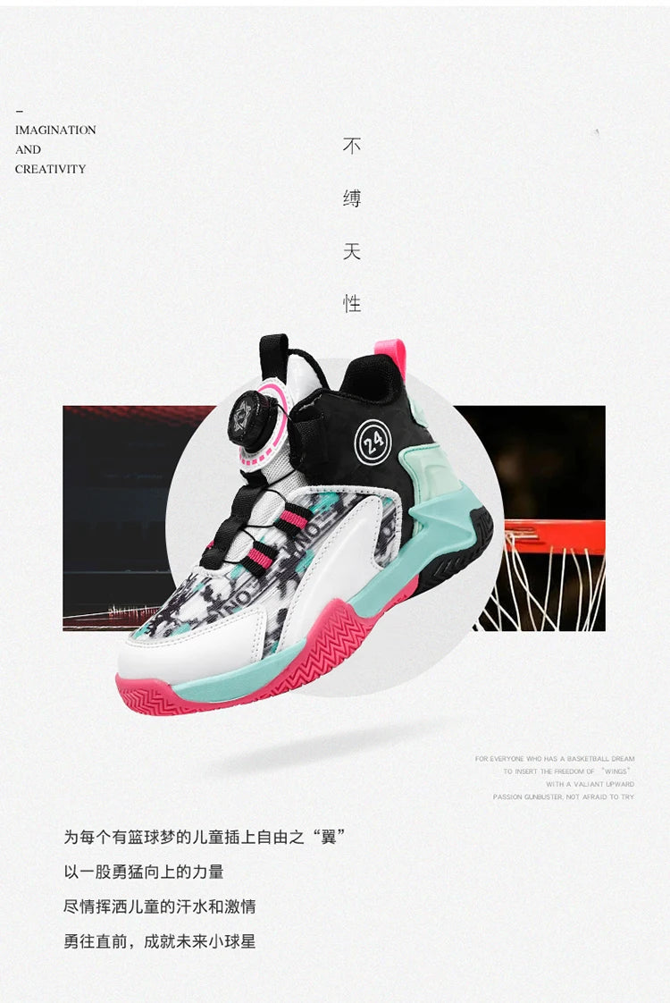 Children's Autumn New Rotary Buckle Mesh Breathable Basketball Shoes Boys Fashion Trend Sneaker Anti Slip Running Footwear 31-40.