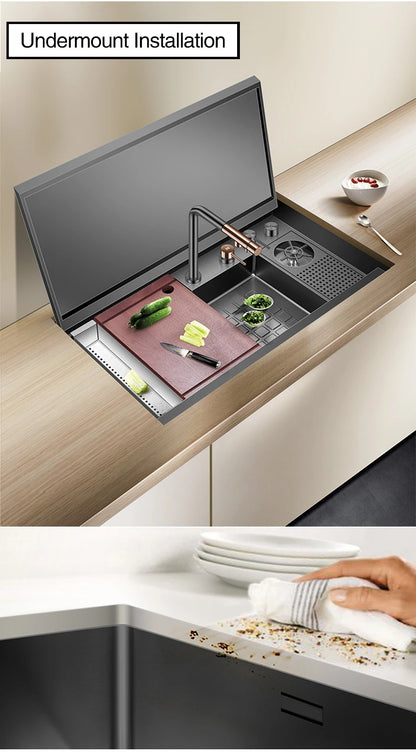 ASRAS Large Size Flip Cover Hidden Island Kitchen Sink 304 Stainless Steel 4mm Thickness Handmade Stepped Sink Cup Rinser Sinks