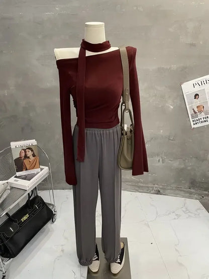 Sexy One-Shoulder Long Sleeve T-Shirt with Scarf Short Flared Sleeve Blindfolded Entry Base Shirt Tight Short Crop Top.