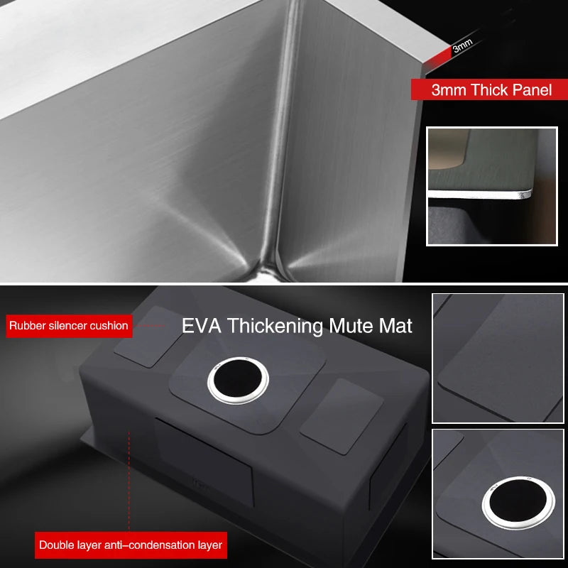 Kitchen sink lead-free handmade brushed 304 stainless steel 3mm thickness single bowl large size kitchen sink