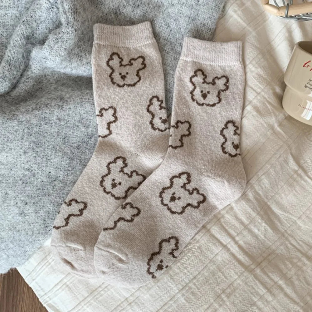 Christmas Gift Socks Women Winter Keep Warm Wool Socks Cute Bear Cartoon Happy Funny Kawaii Daily Streetwear Woman Floor Socks.