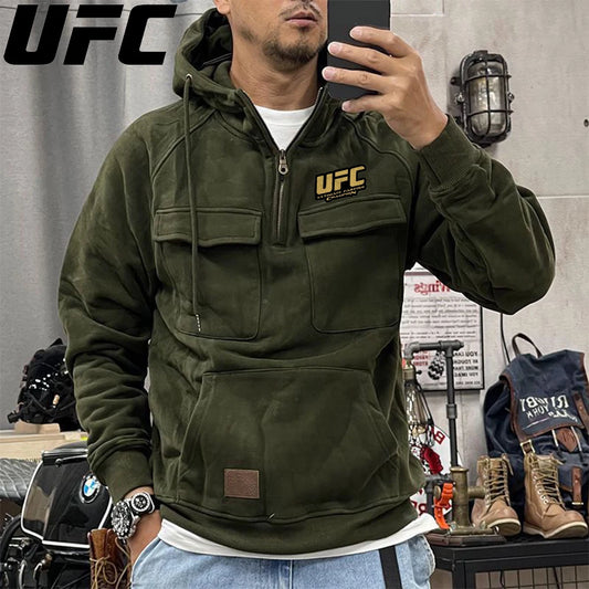 UFC Autumn Winter Men's Hooded Solid Hoodies Sweatshirts Sports Outdoor Casual Hoodie Coat Jackets Multi Pockets Male Zipper.