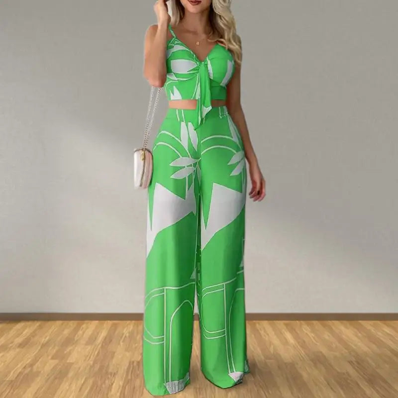 Elegant Two Piece Outfits For Women 2025 Sexy V-Neck Strap Backless Lace-up Slim Crop Top & Wide Leg Pants Sets Summer Lady Suit.
