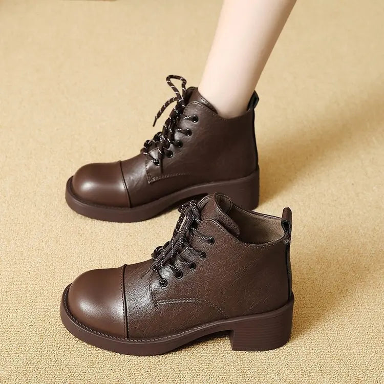 Women Short Boots 2025 Autumn Winter New Fashion Lace Up Vintage Middle Heel Shoes Outdoor Non Slip Height Increase Ankle Boots.