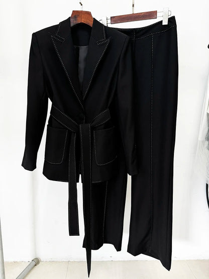 HIGH STREET Newest Fashion 2024 Designer Suit Set Women's Contrast Stitching Belted Blazer Pants Suit 2pcs.