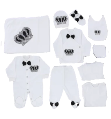 10-teiliges blaues 100 % Baumwollgewebe, gestrickt, Großhandel, individuell gestaltet, Neugeborene, neues Design, Winterkleidung, Kleidung, Luxus-Baby-Strampler-Set