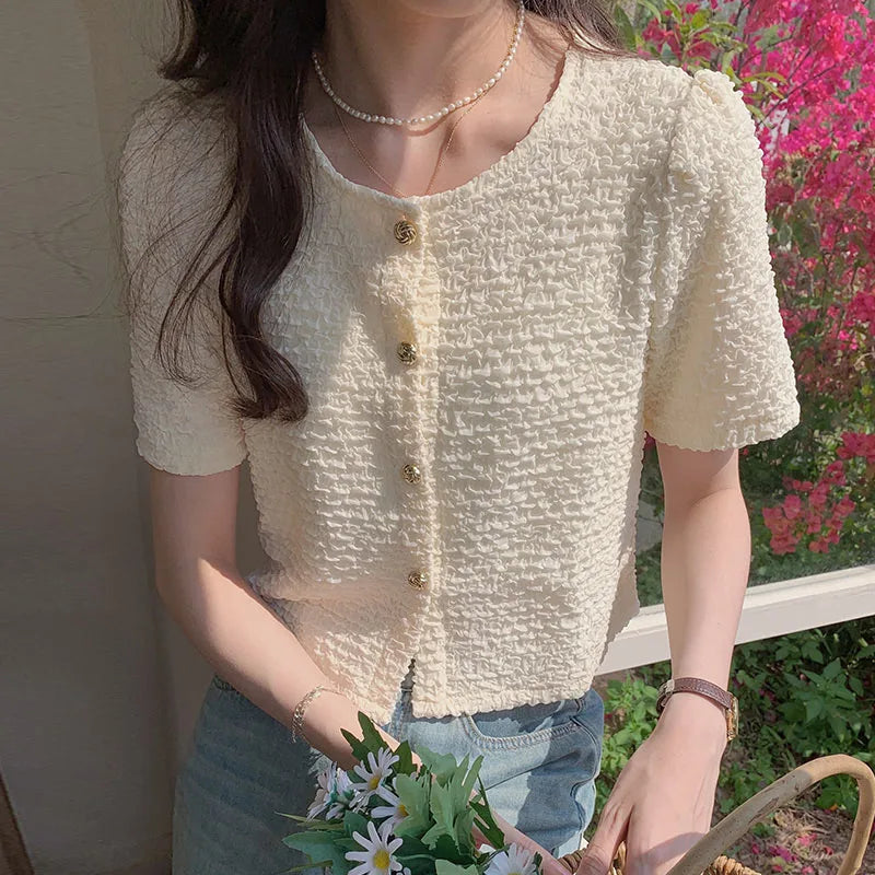 New Summer Short Sleeve O-Neck Women Shirt Sweet White Shirt Blouse Women Tops 2025 Blouses Shirts Blusas Para Mujer Blusa XL183.