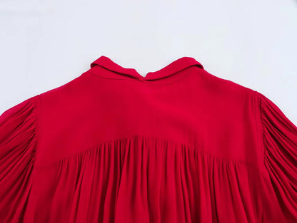 DEEABAE Bow Ribbon Red Chiffon Shirt Women's Early Spring New French Style High-end Temperament Age-reducing Top.