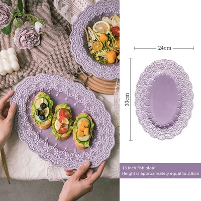 Solid Color Ceramic Tableware Lace Embossed Ceramic Tableware Bowl Plate Cup Rustic Irregular Dinner Plate  Dinner Plates.