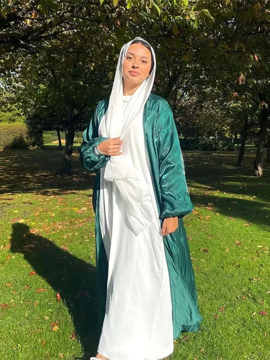 Ramadan Eid Open Satin Kebaya Abaya Dubai Luxury Kimono Kaftan Muslim Islam Dress Abayas For Women Caftan Robe Femme Musulmane.