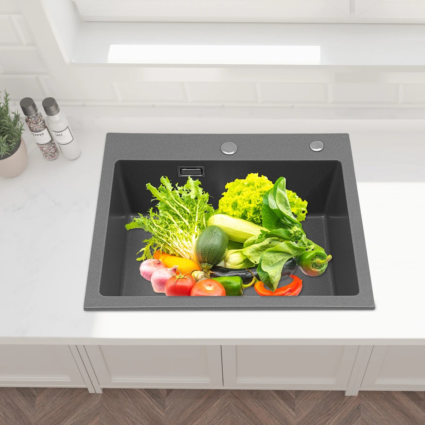 Küchenspüle aus Quarzstein, 21,65 x 17,7 Zoll tiefes Waschbecken mit großem Fassungsvermögen, starker Tragfähigkeit und effiziente Entwässerung für den Alltag