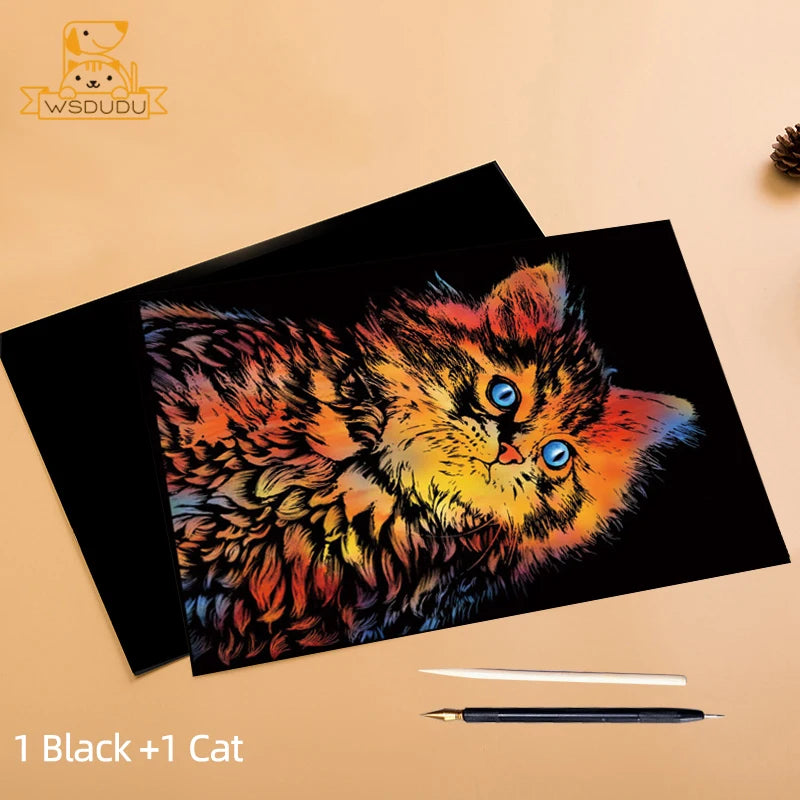 2 Sheets Animal Scratch Art Paper Set with Stylus DIY Rainbow Craft Lion Unicorn Cat Dog Painting Toy Creative Kids Adults Gift