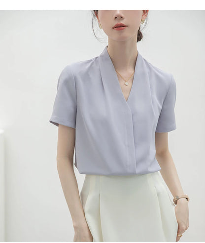 2025 Fashion Summer Short Sleeve V-Neck Women Blouse White Blouse Shirt Women Tops Blouses Shirts Blusas Para Mujer Camisas XL86.