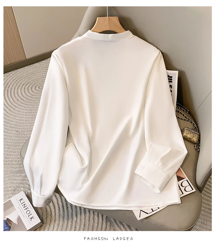 Big Size Women Shirts 2025 Spring Autumn Long Sleeve Office Lady V-Neck Solid Color Blouses Elegant and Youth Woman Tops.