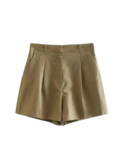 Women Fashion With Pockets Front Pleats Linen Blend Shorts Vintage High Waist Zipper Fly Female Short Pants Mujer.