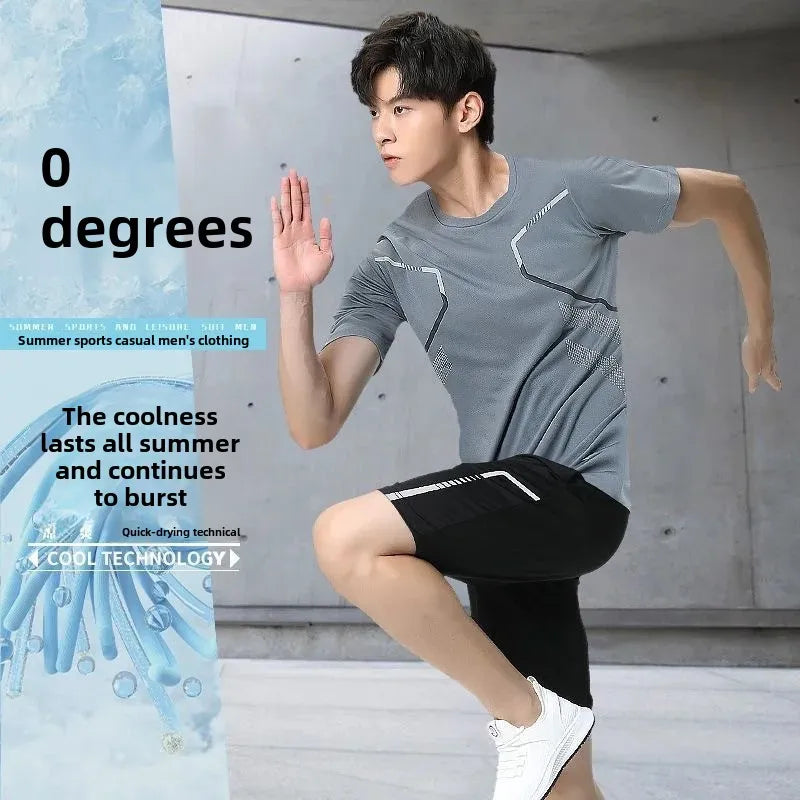 Men's Fitness Ice Silk Sports Suit Short Sleeve Training Room Basketball Morning Run Summer Outfit Shorts And T-shirt Set