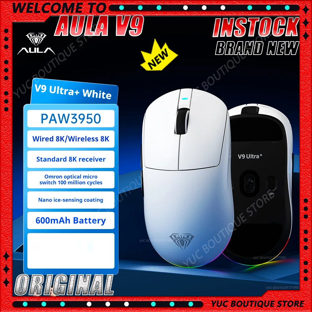 New Aula V9 Ultra Wireless E-sports Gaming Mouse Double 8k 3mode PAW 3950 8k 55g Lightweight Ergonomic Mouse Custom PC Accessory.