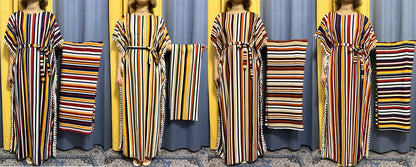 Abayas For Women 2024 Printed Vertical Stripe Tassels Elasticity Loose Fit Femme Robe African Woman Dresses With Belt Headscarf.
