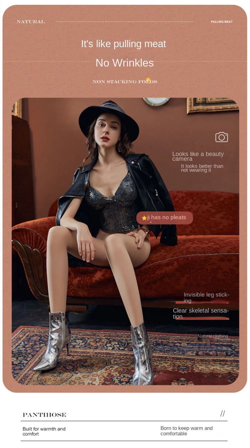 Winter Thermal Pantyhose Women Thicken Stockings Fake Translucent Pantyhose Fleece Lined Tights High Waist Elastic Wool Socks