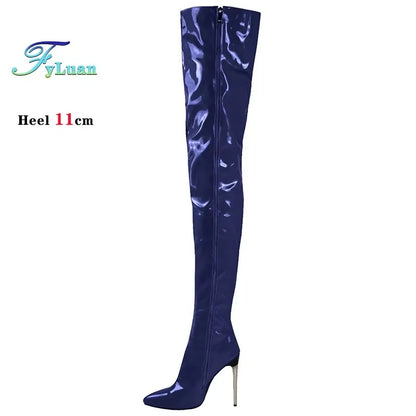 Plus Size 45 46 47 Women Stripper Heels 11CM Stiletto Sexy Pointed toe Red Long Shoes Club Party Over The Knee Thigh High Boots.