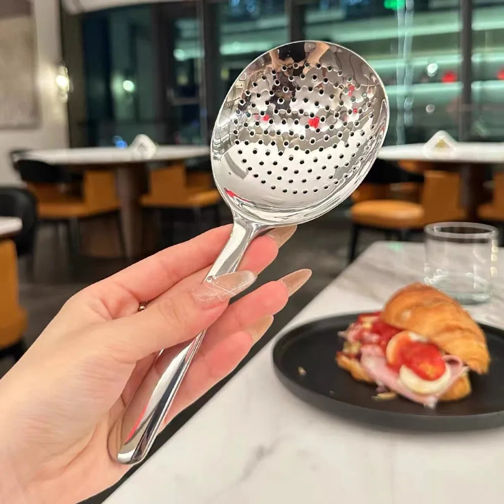 1Pc Big Head Stainless Steel Round Spoon Large Size Dining Spoon Rice Serving Spoon Drain Hole Heat Spoons Kitchen Tool Utensils.