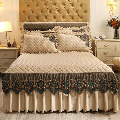 European Luxury Quilted Bed Skirt Winter Warm Thicken Velvet Bedspread King Good Hand Feeling Bed Skirt Not Included Pillowcase