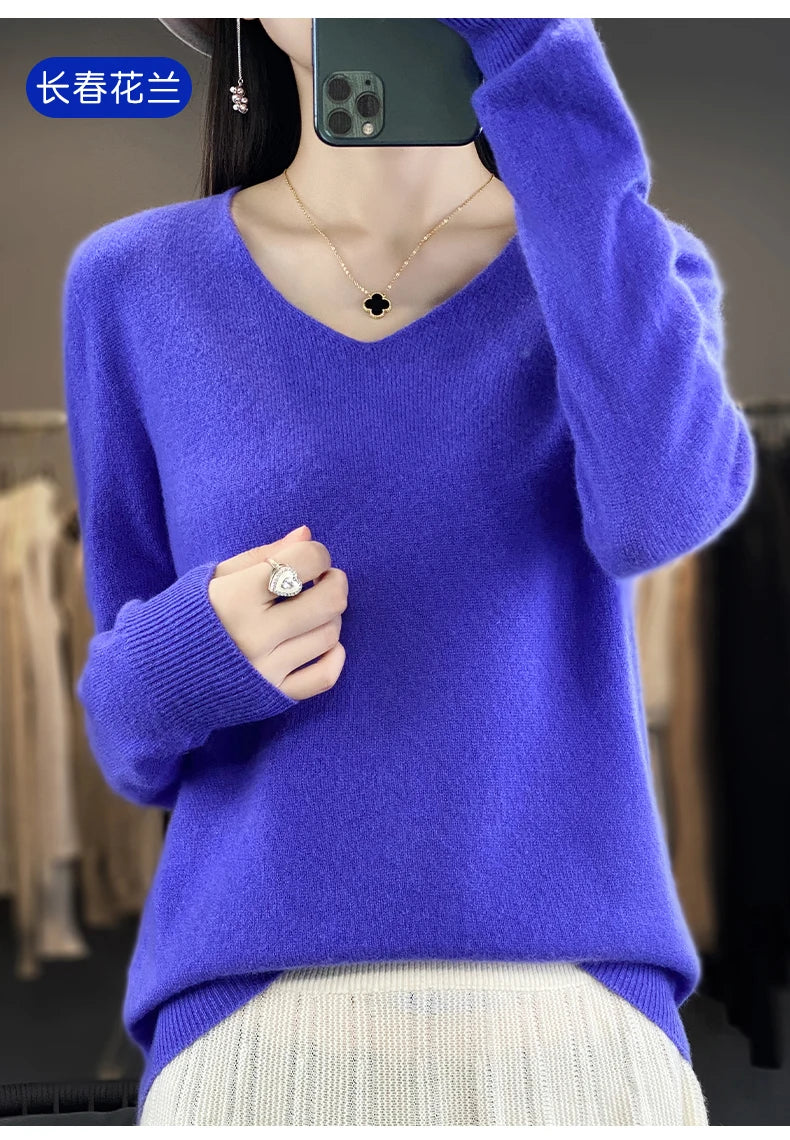 Women 100% Merino Wool Sweater V-Neck Basic Pullover Autumn Winter Cashmere Clothing Long Sleeve Soft Knitwear Tops Solid Color