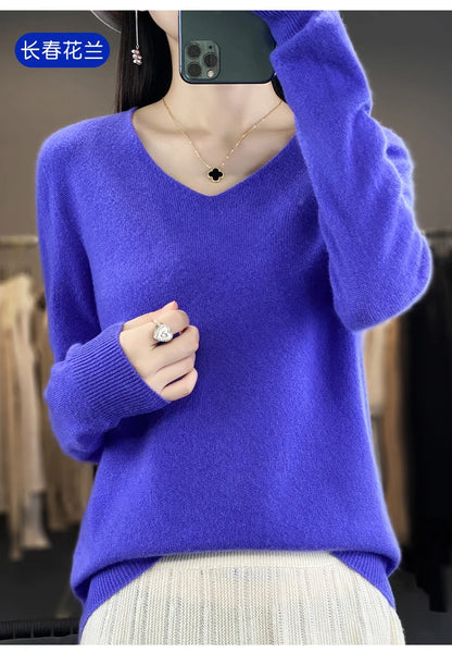 Women 100% Merino Wool Sweater V-Neck Basic Pullover Autumn Winter Cashmere Clothing Long Sleeve Soft Knitwear Tops Solid Color