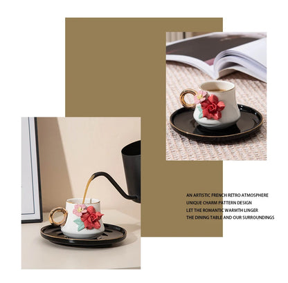 120ml Ceramic Coffee Cup Saucer Set Hand Pinched Flowers with Hand and Dish Milk Tea Porcelain Drinkware Tableware Gift.