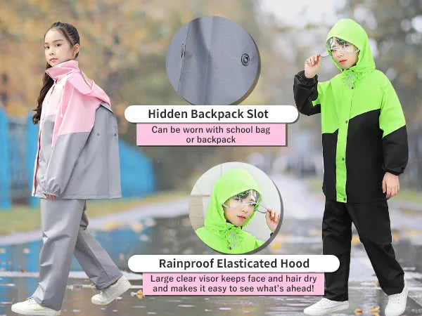 LOlanta Kids Waterproof Suit Hooded Raincoat Jacket and Trousers Set Puddle Suit with Zip for Boys Girls 8-14 Years.
