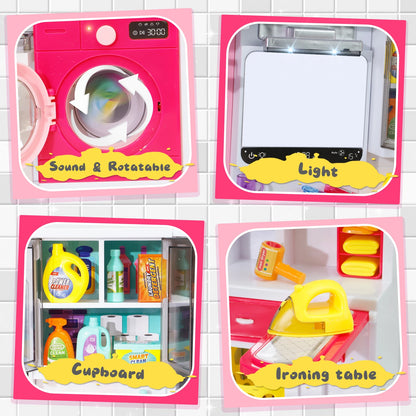 Pink Bathroom Playset with Shower, Vanity, Laundry Cabinet, and Ironing Board, Christmas/Thanksgiving/New Year Gift.
