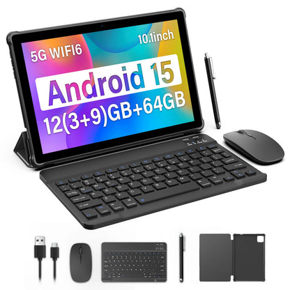 New BAKEN 10-inch Android 15 tablet with 64GB storage, keyboard, leather case, stylus, mouse, Wi-Fi, GPS, Bluetooth.